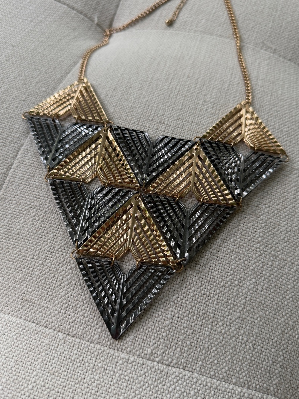 Gold Gunmetal Geometric Triangle Art Deco Bib Statement Necklace